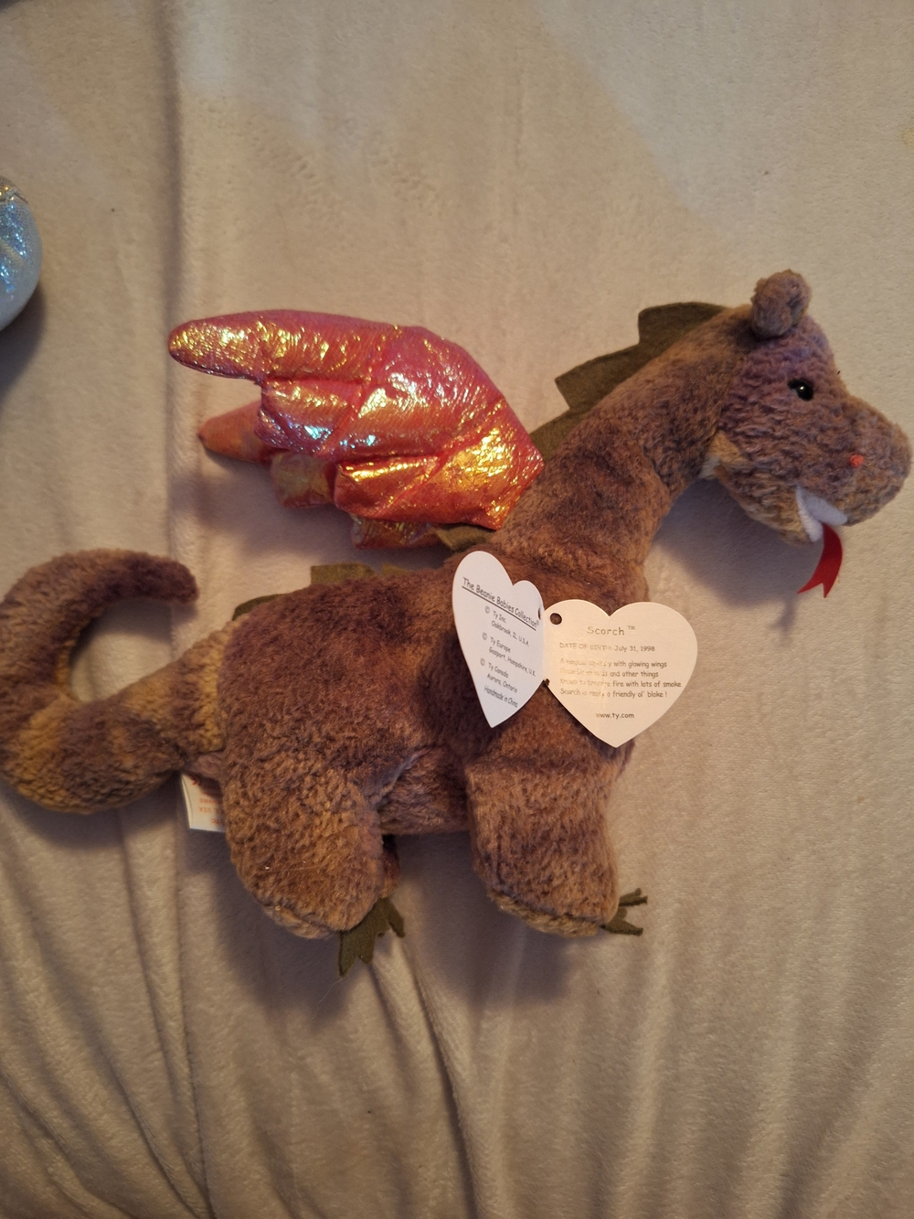 Ty Brown Scorch Dragon Plush with Pink Shimmer Wings 1998